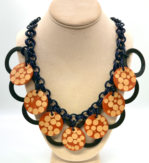 orange and yellow bakelite random dots by Charles Elkhaim necklace